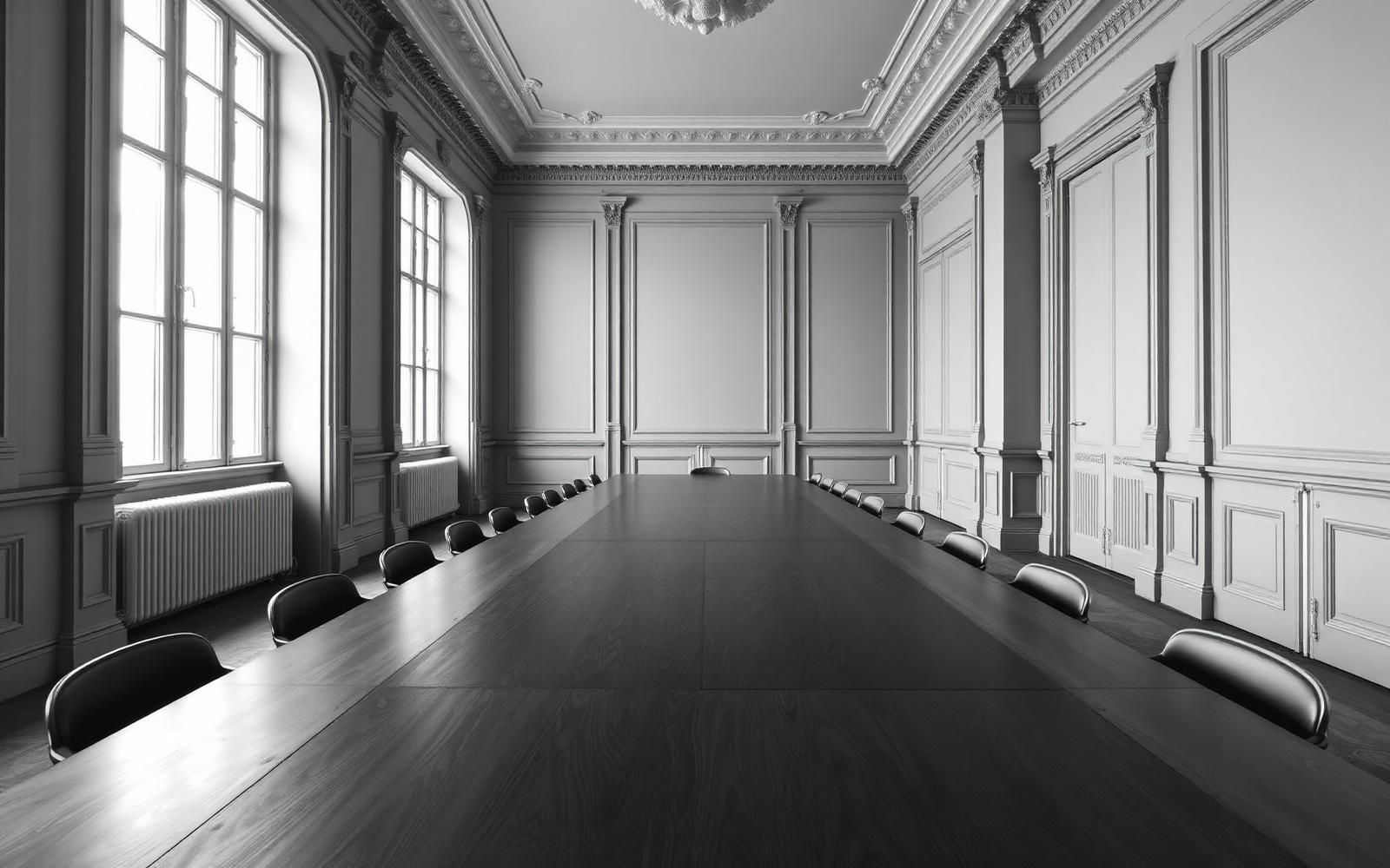 An elegant Parisian meeting room with an empty table and tall windows overlooking classic Haussmann architecture, in black and white